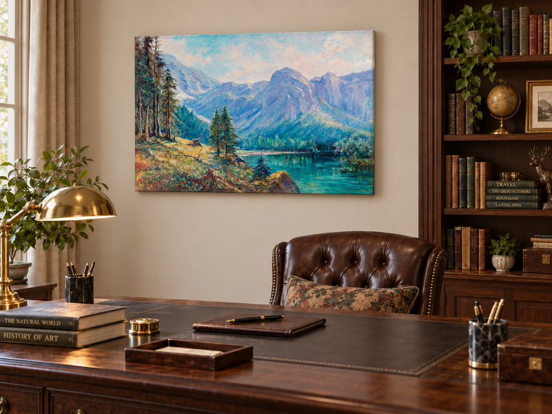 Hand-painted Mountain Lake and Pine Forest View landscape oil painting displayed as wall art in a styled interior