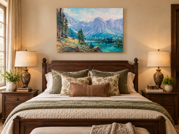 Hand-painted Mountain Lake and Pine Forest View landscape oil painting displayed as wall art in a styled interior