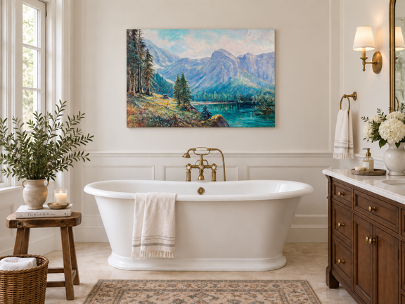 Hand-painted Mountain Lake and Pine Forest View landscape oil painting displayed as wall art in a styled interior