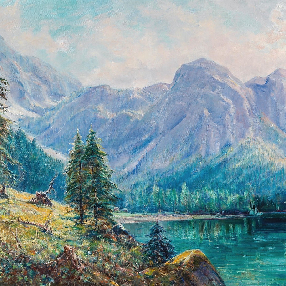 Hand-painted mountain lake and pine forest view landscape oil painting on canvas