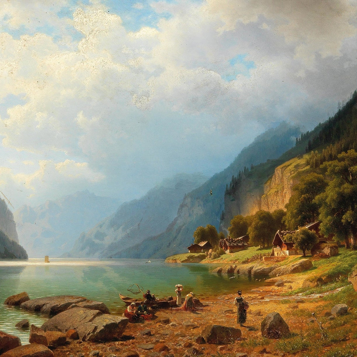 Hand-painted mountain lake and sunlit alpine village landscape oil painting on canvas