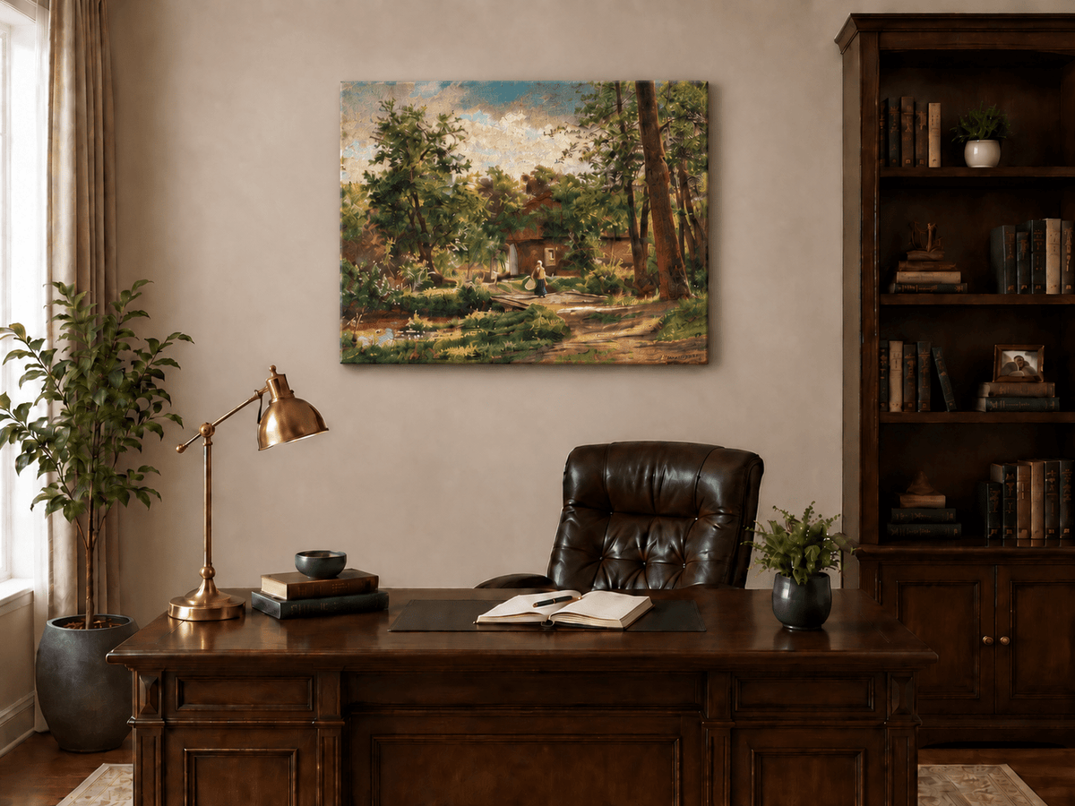 Landscape Oil Painting - Mountain Lake at Golden Sunset