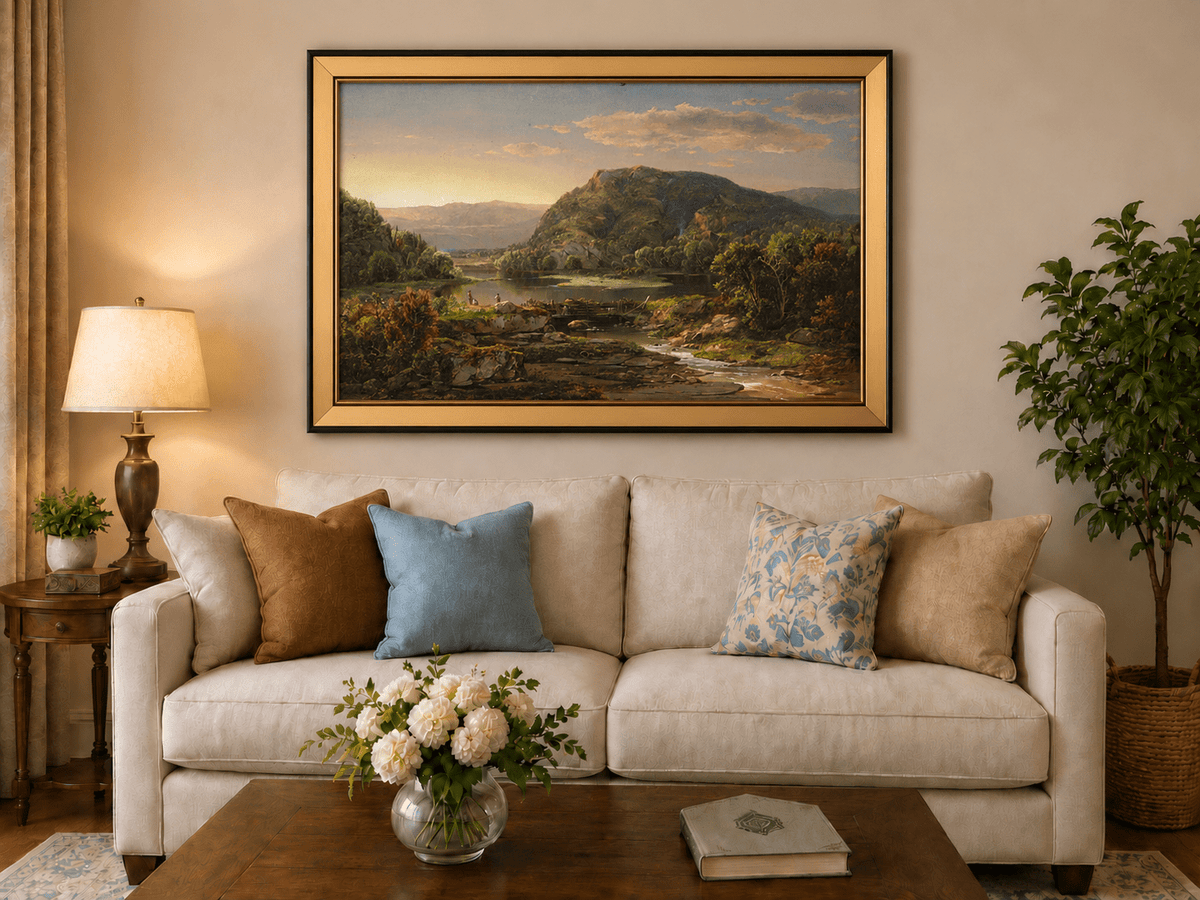 Landscape Oil Painting - Mountain Lake at Golden Sunset
