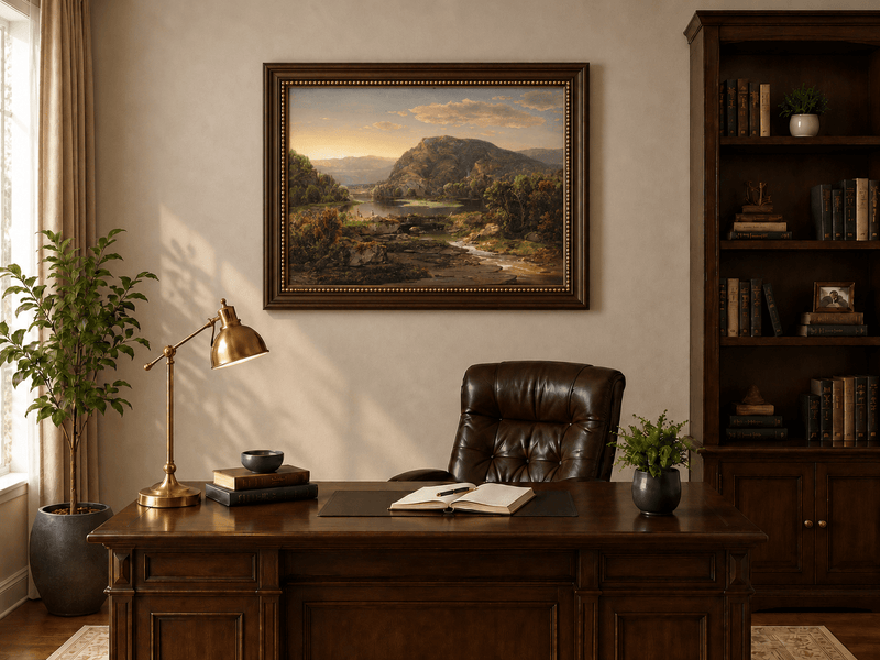 Landscape Oil Painting - Mountain Lake at Golden Sunset