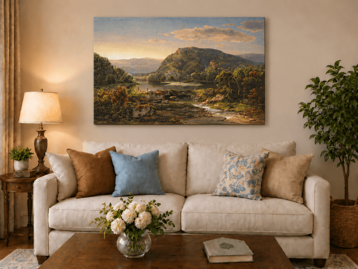 Landscape Oil Painting - Mountain Lake at Golden Sunset