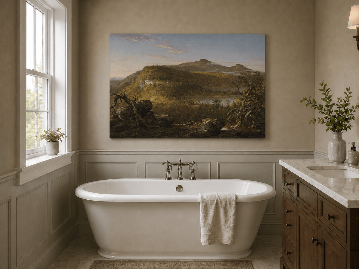 Peinture à l'huile de paysage - Lac de montagne, bâtiment et personnage