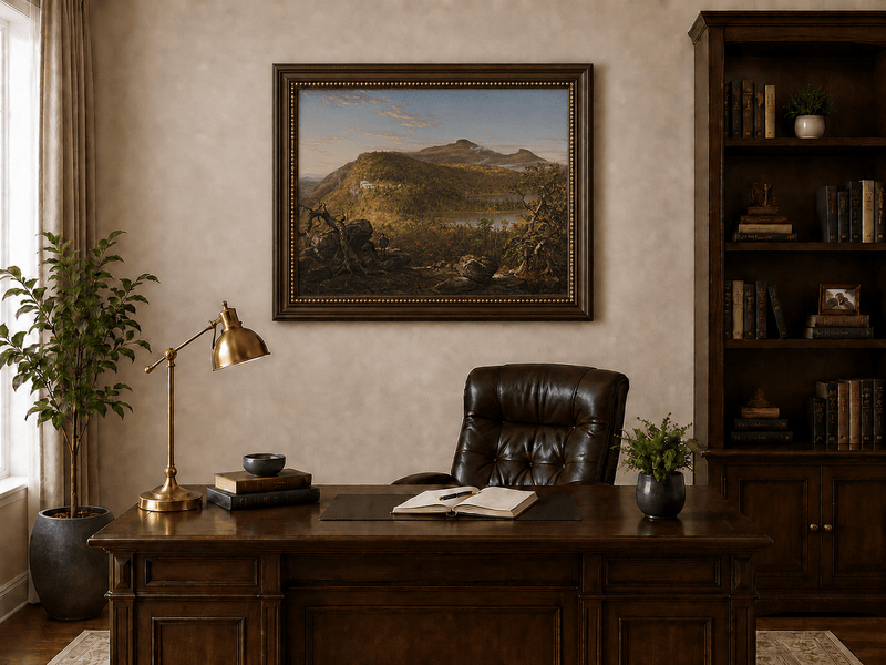 Peinture à l'huile de paysage - Lac de montagne, bâtiment et personnage