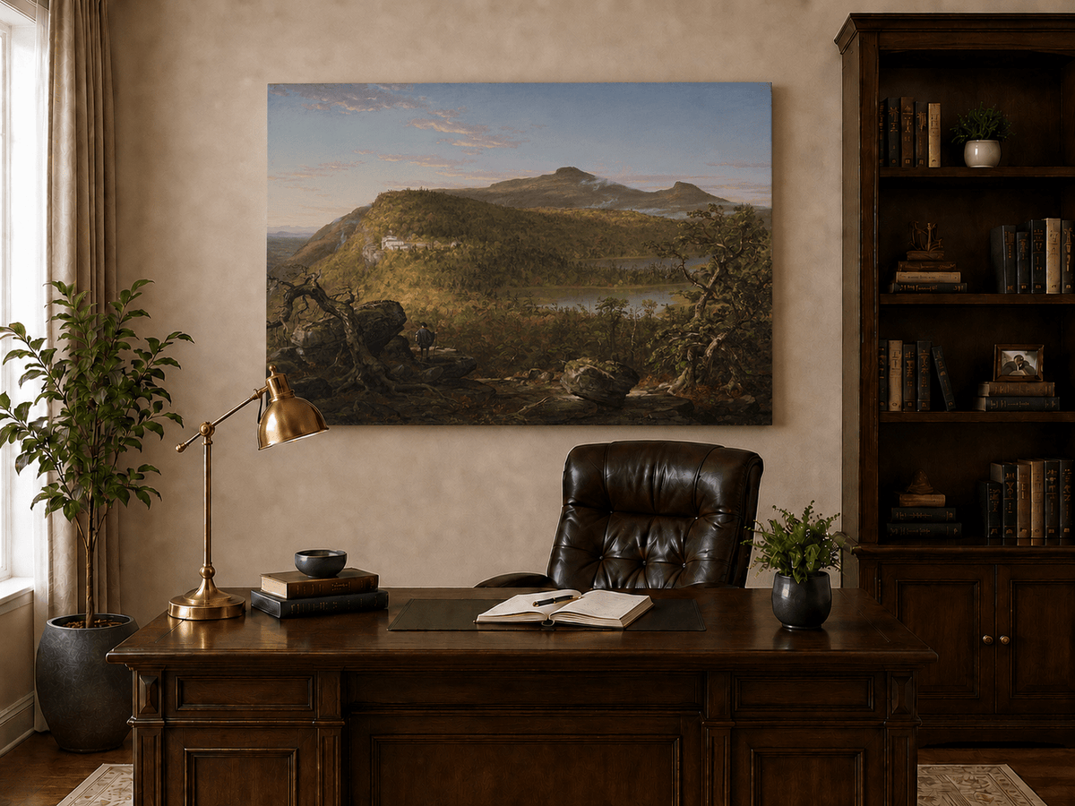 Peinture à l'huile de paysage - Lac de montagne, bâtiment et personnage