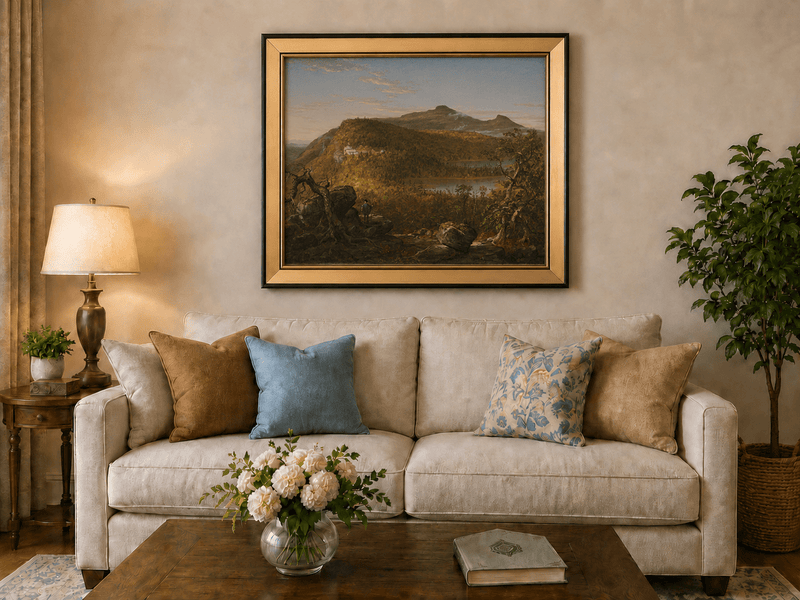 Peinture à l'huile de paysage - Lac de montagne, bâtiment et personnage