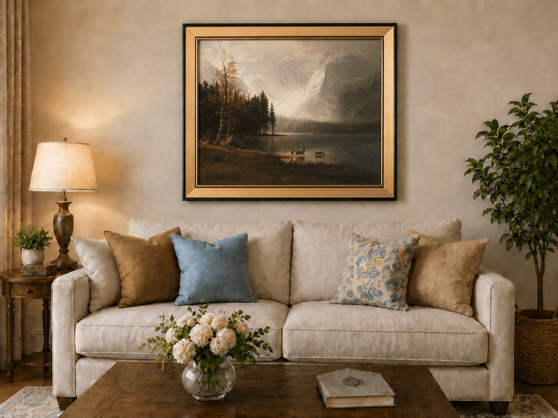 Landscape Oil Painting - Mountain Lake, Deer Herd & Autumn Trees