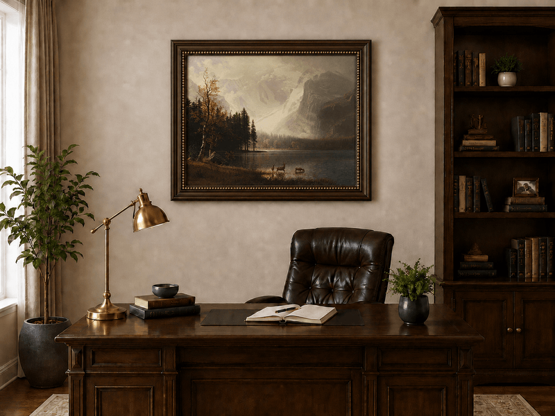 Landscape Oil Painting - Mountain Lake, Deer Herd & Autumn Trees