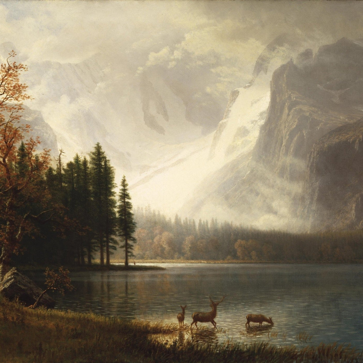 Landscape Oil Painting - Mountain Lake, Deer Herd & Autumn Trees - Oil Painting Haven