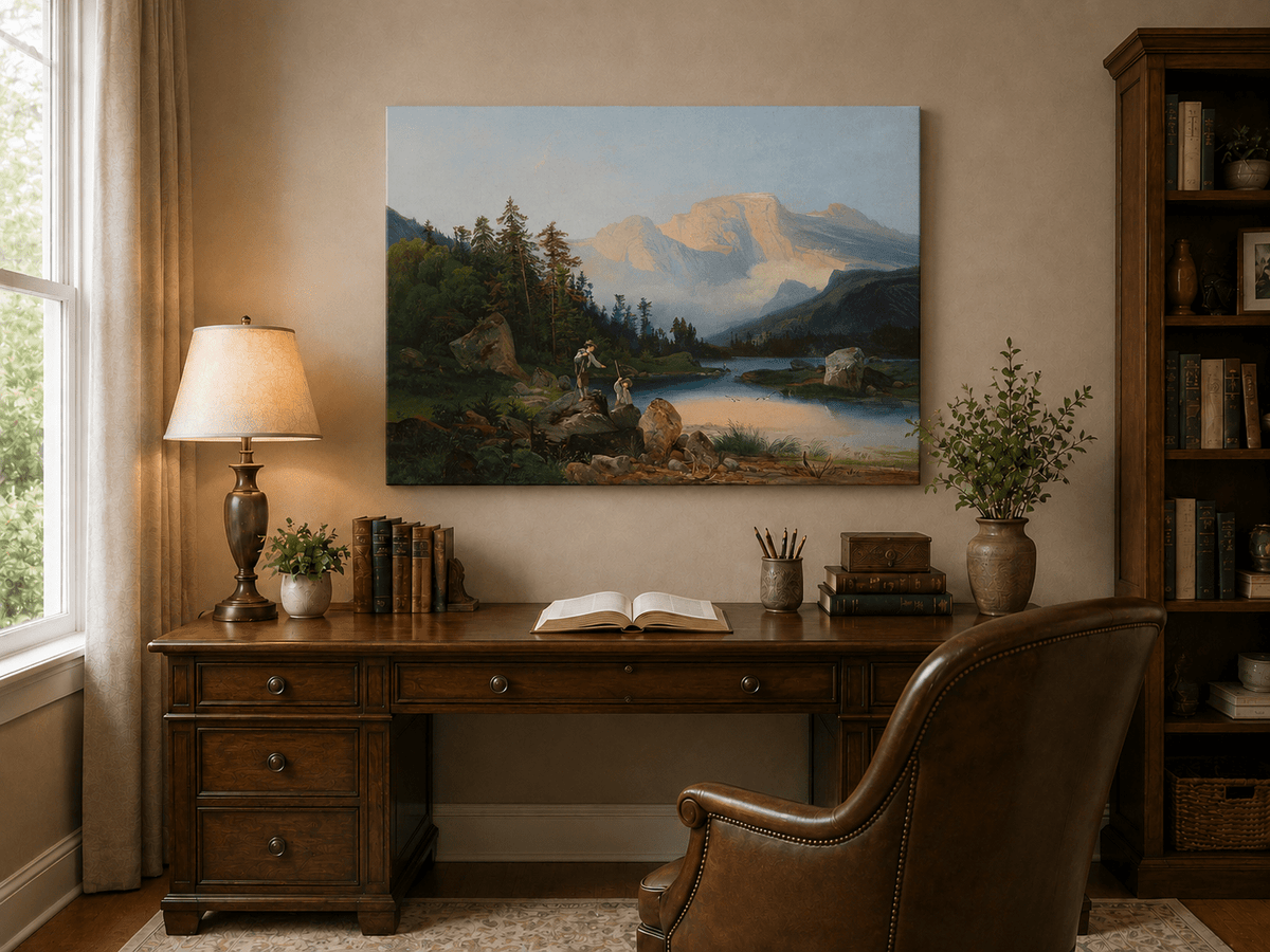 لوحة زيتية لمناظر طبيعية - بحيرة جبلية، شخصيات وغابة صنوبر