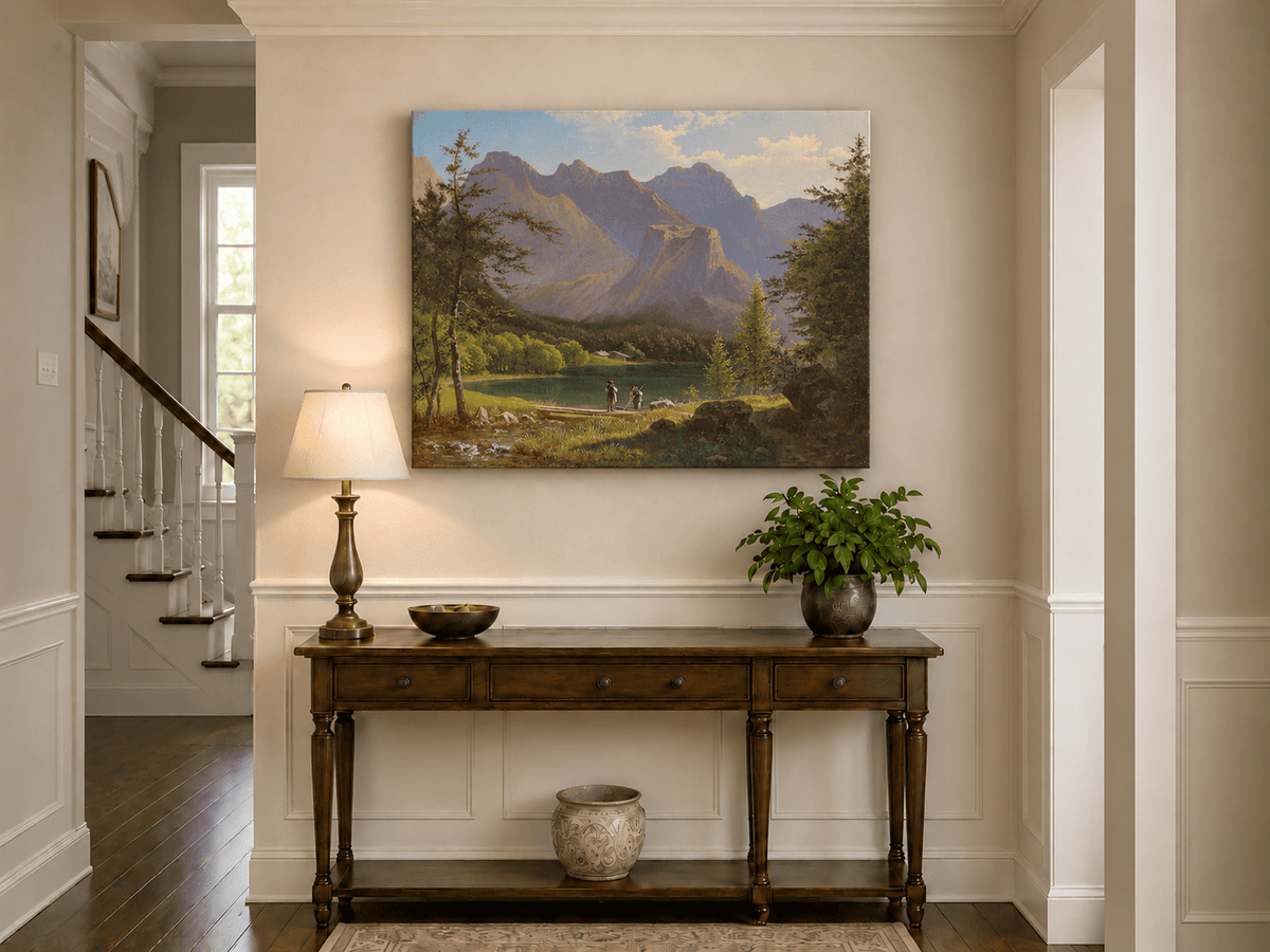 Landscape Oil Painting - Mountain Lake Figures & Sunlit Peaks