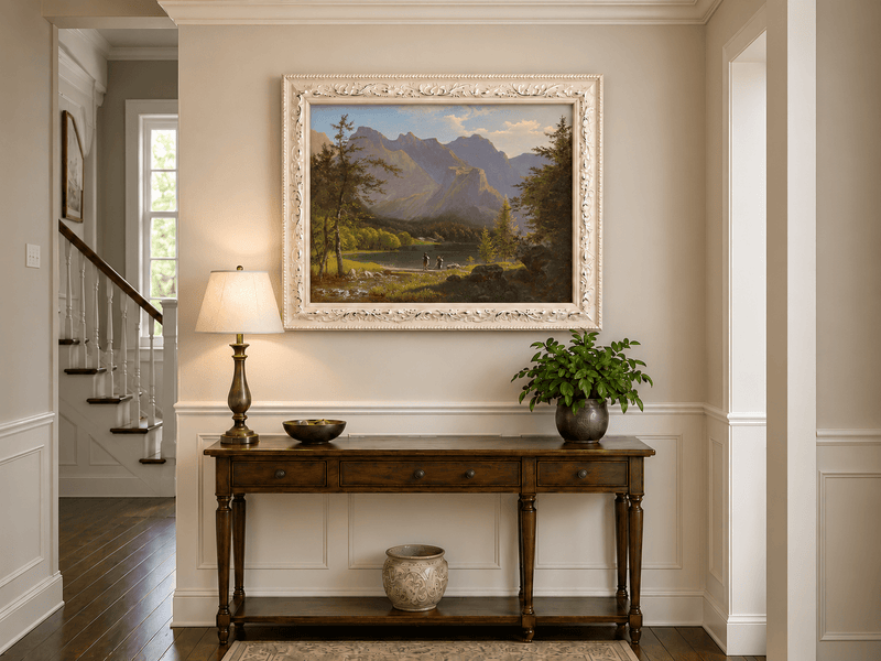 Landscape Oil Painting - Mountain Lake Figures & Sunlit Peaks