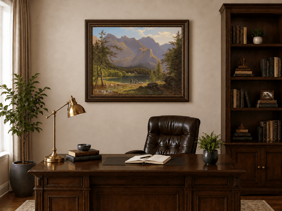 Landscape Oil Painting - Mountain Lake Figures & Sunlit Peaks