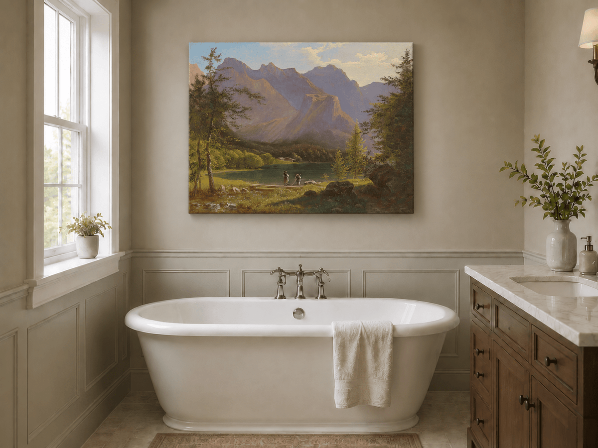 Landscape Oil Painting - Mountain Lake Figures & Sunlit Peaks