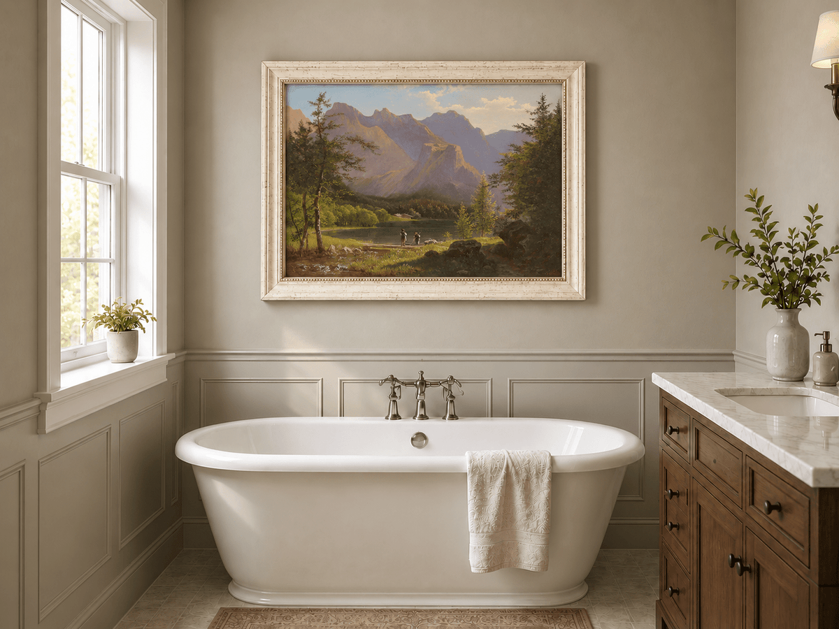 Landscape Oil Painting - Mountain Lake Figures & Sunlit Peaks