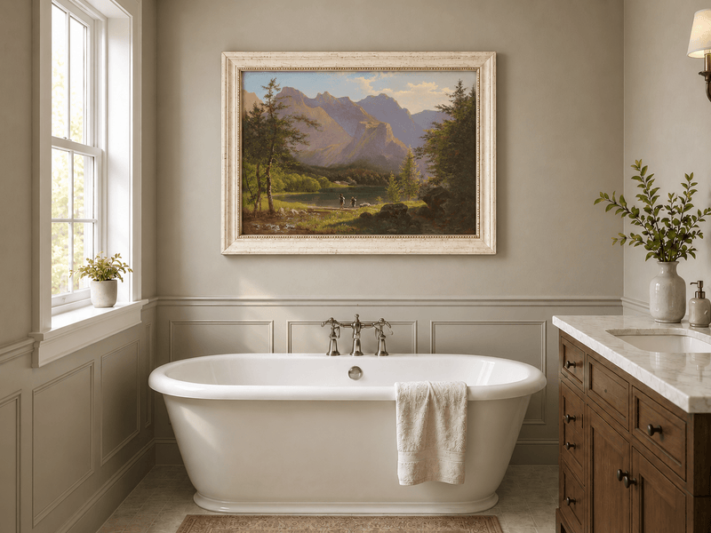Landscape Oil Painting - Mountain Lake Figures & Sunlit Peaks