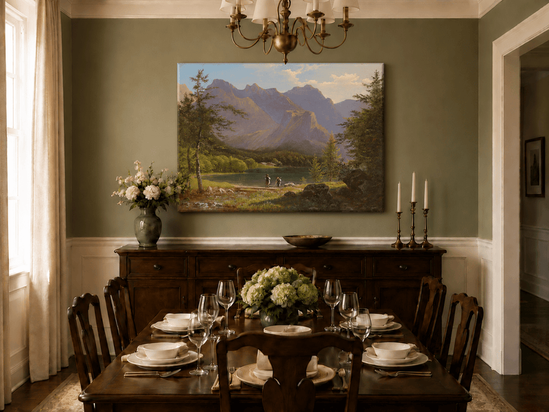 Landscape Oil Painting - Mountain Lake Figures & Sunlit Peaks