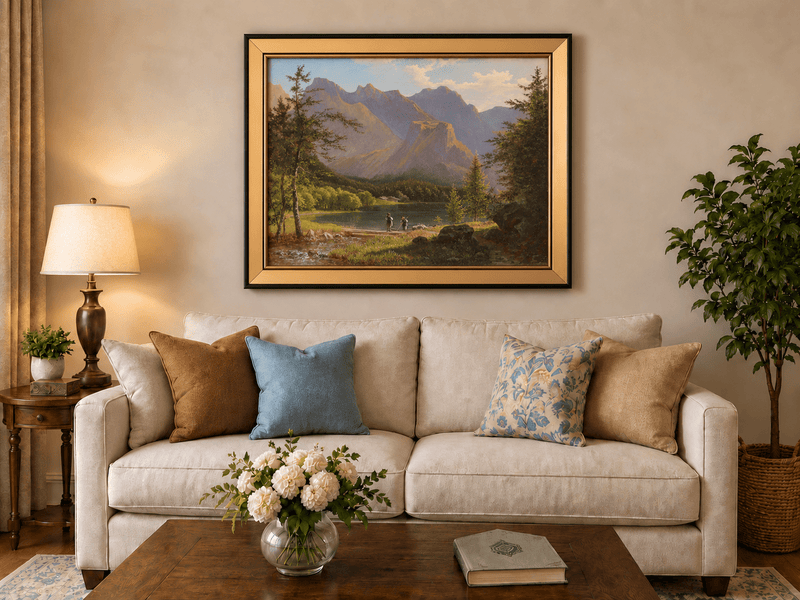 Landscape Oil Painting - Mountain Lake Figures & Sunlit Peaks