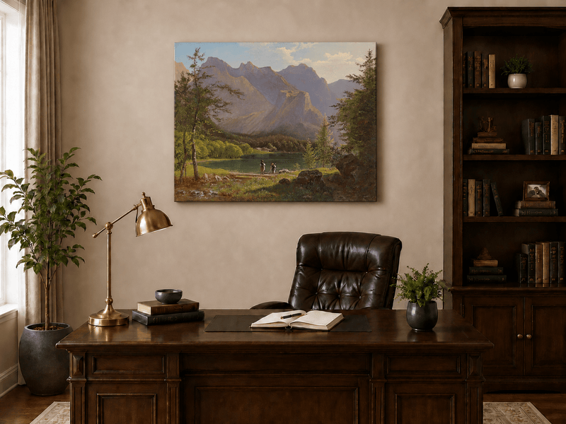 Landscape Oil Painting - Mountain Lake Figures & Sunlit Peaks