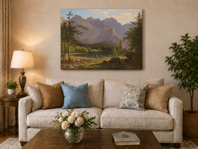 Landscape Oil Painting - Mountain Lake Figures & Sunlit Peaks