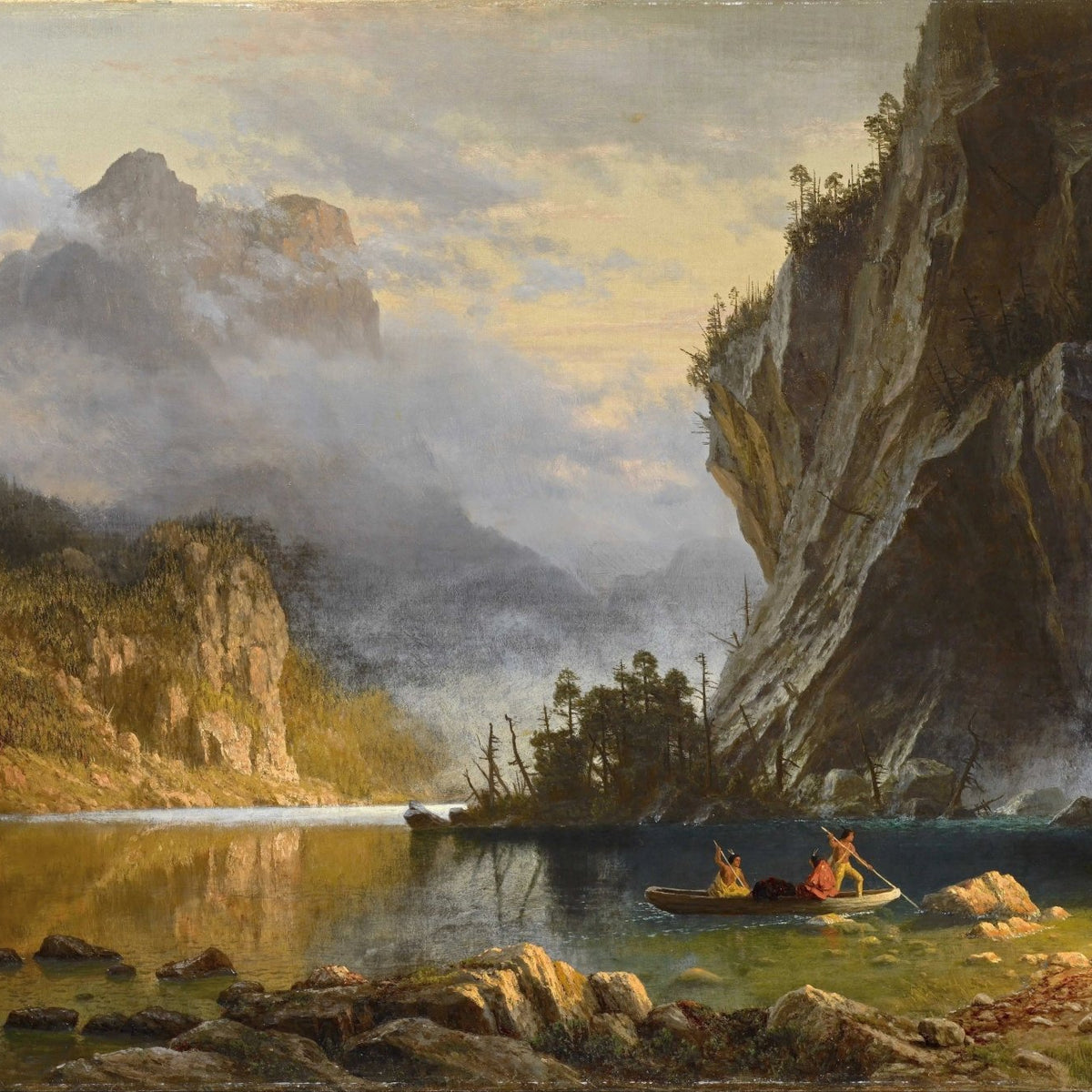 Landscape Oil Painting - Mountain Lake & Native Americans in Canoe - Oil Painting Haven