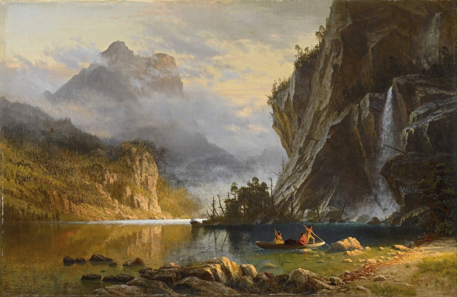 Landscape Oil Painting - Mountain Lake & Native Americans in Canoe - Oil Painting Haven