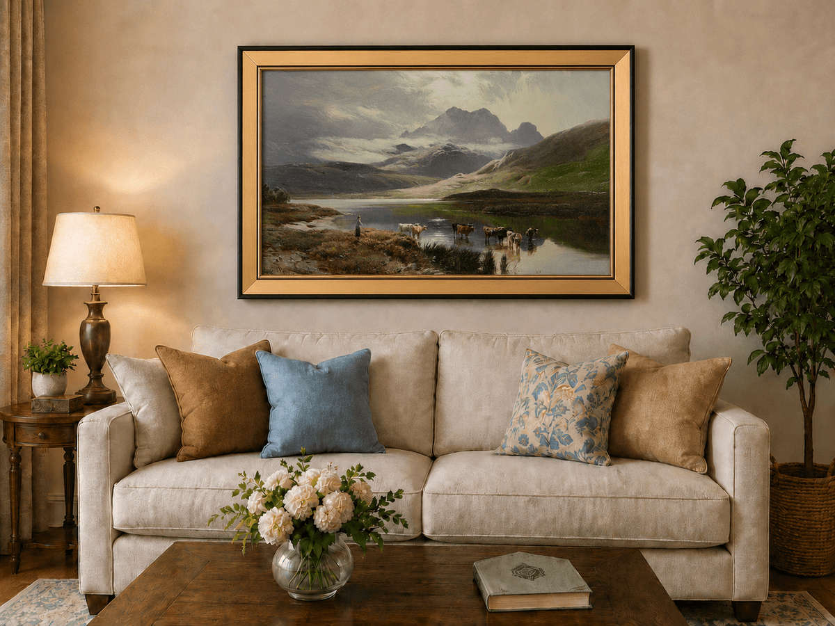 Peinture à l'huile de paysage - Lac de montagne, pâturage et berger, bétail