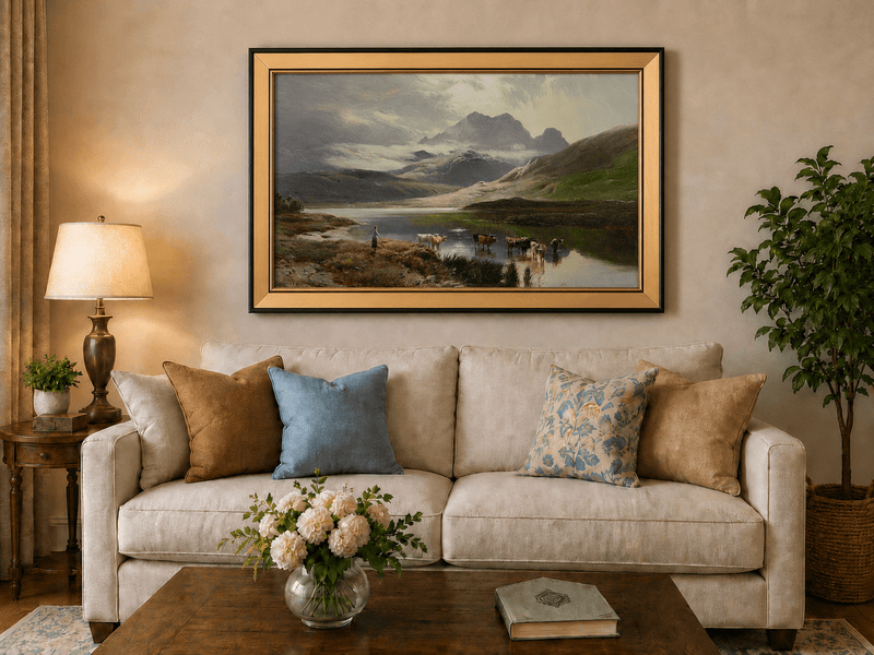 Peinture à l'huile de paysage - Lac de montagne, pâturage et berger, bétail
