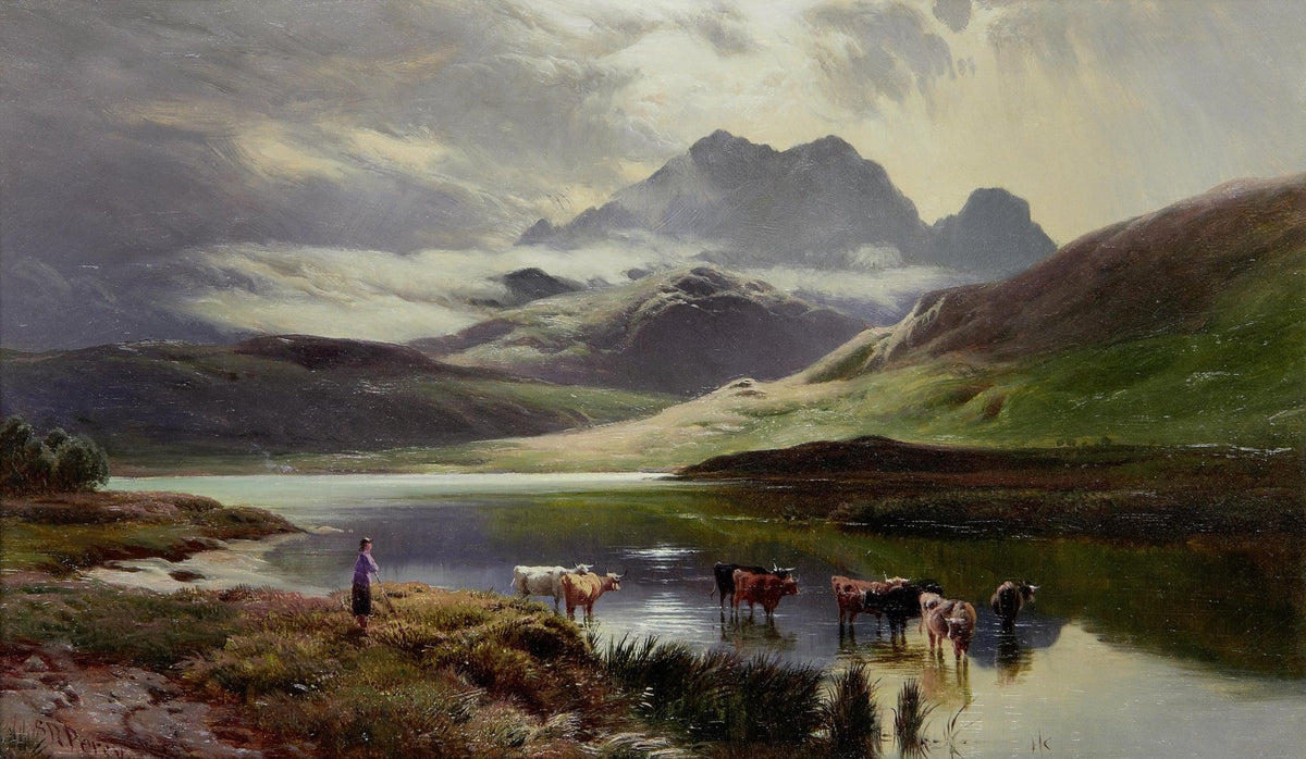 Landscape Oil Painting - Mountain lake pasture & herder, cattle - Oil Painting Haven