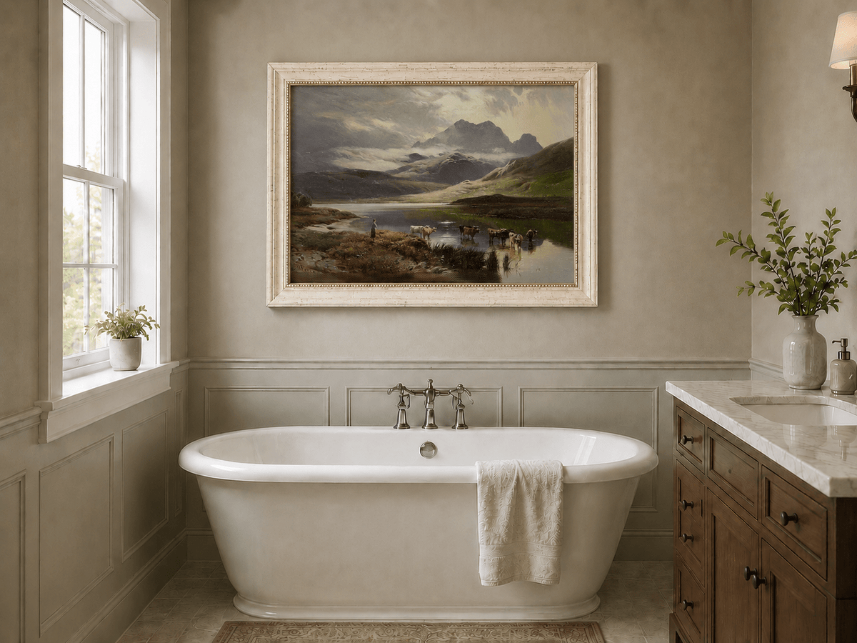 Peinture à l'huile de paysage - Lac de montagne, pâturage et berger, bétail