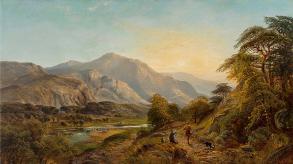 Hand-painted mountain lake path at sunset with figures landscape oil painting on canvas