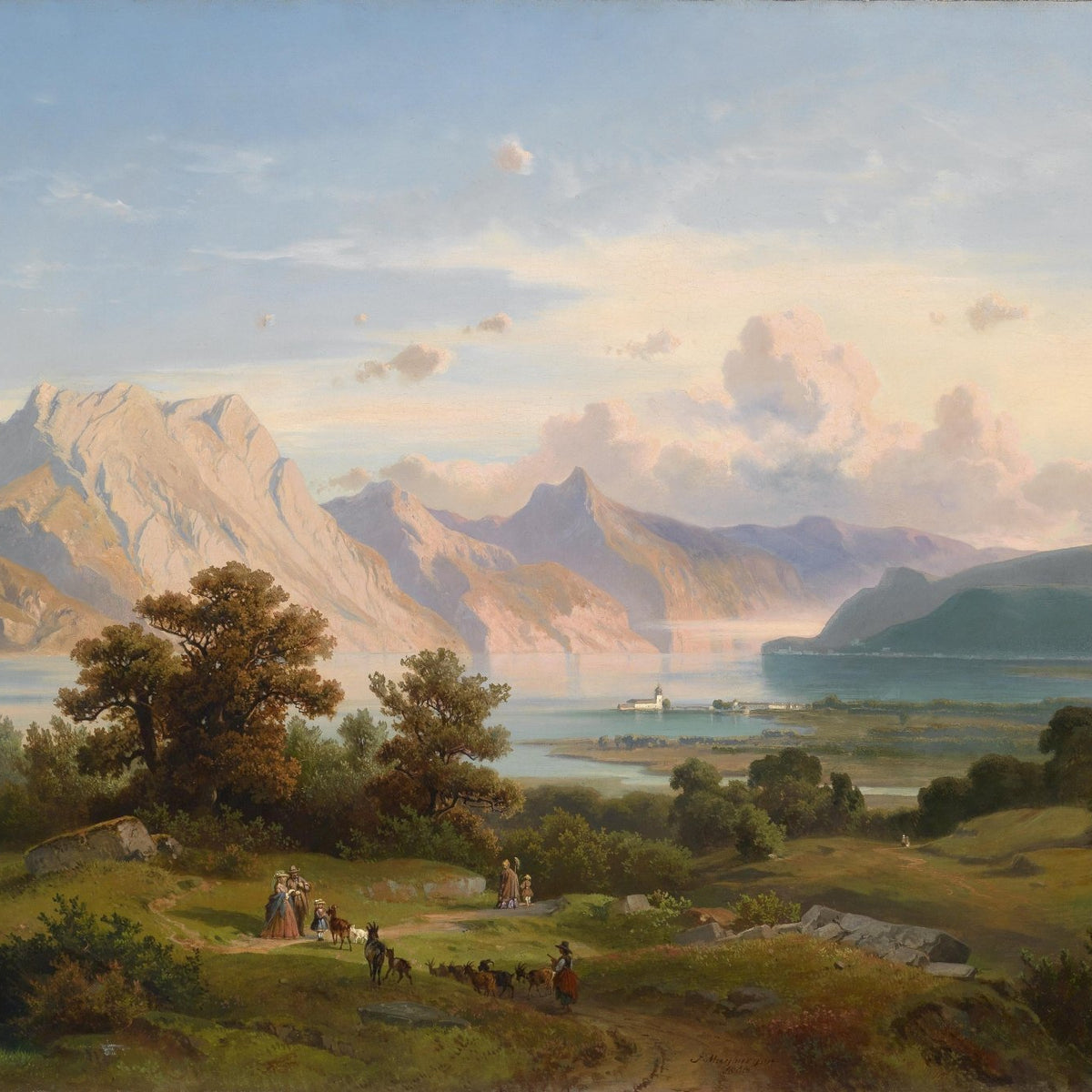 Landscape Oil Painting - Mountain Lake, Peaks, Structure & Livestock - Oil Painting Haven