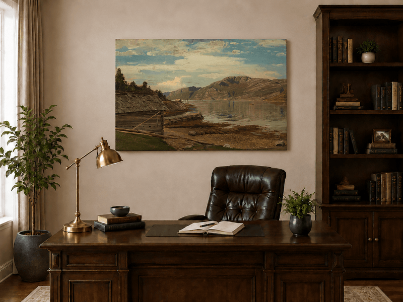 Landscape Oil Painting - Mountain Lake Shore Rustic Boathouse