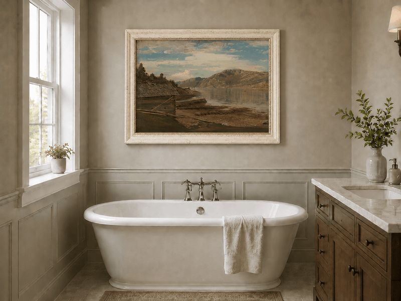 Landscape Oil Painting - Mountain Lake Shore Rustic Boathouse