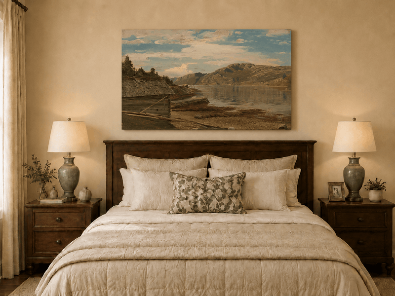 Landscape Oil Painting - Mountain Lake Shore Rustic Boathouse