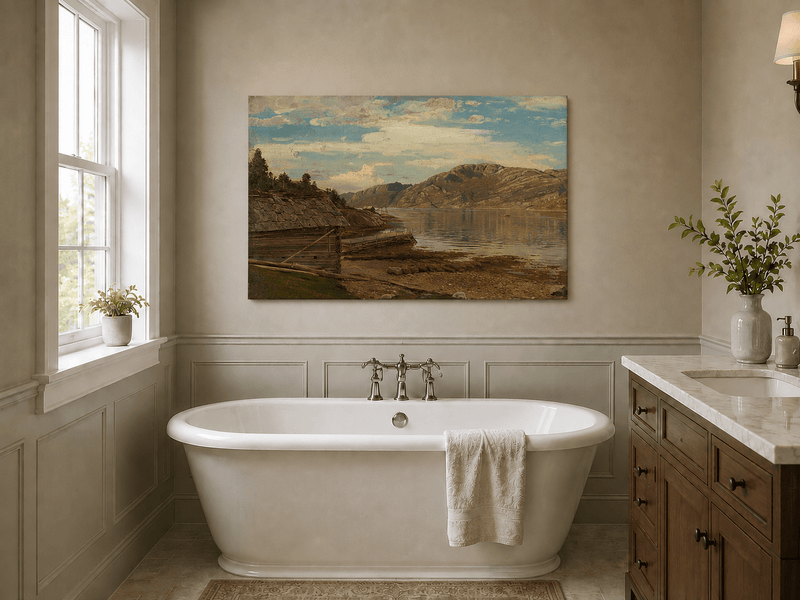 Landscape Oil Painting - Mountain Lake Shore Rustic Boathouse