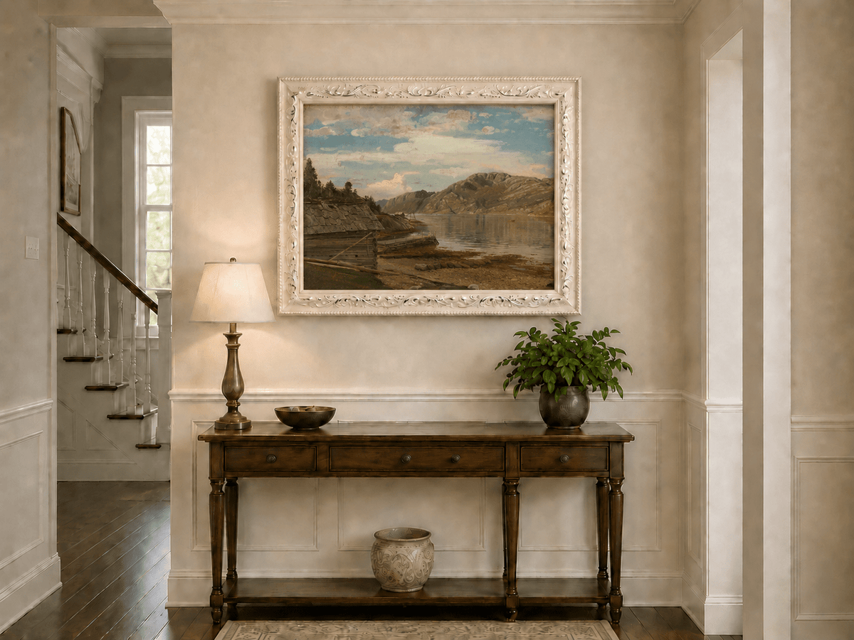 Landscape Oil Painting - Mountain Lake Shore Rustic Boathouse
