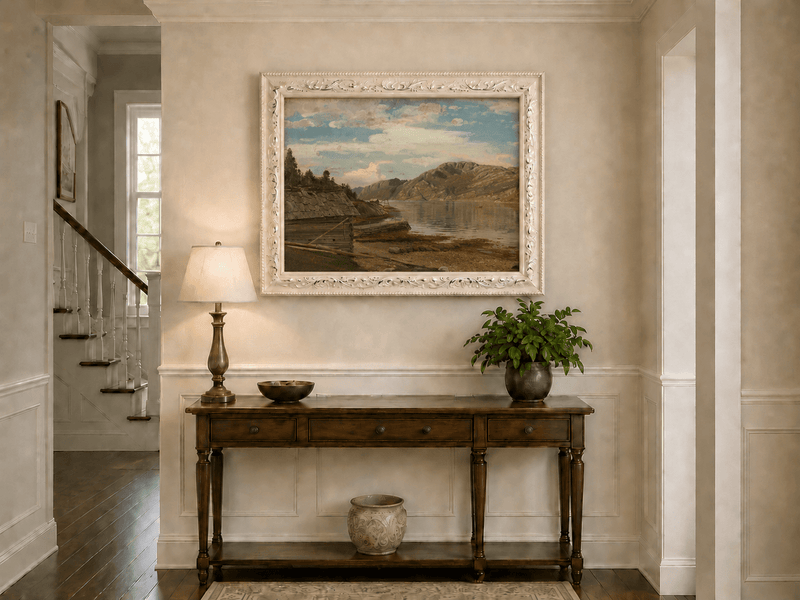 Landscape Oil Painting - Mountain Lake Shore Rustic Boathouse
