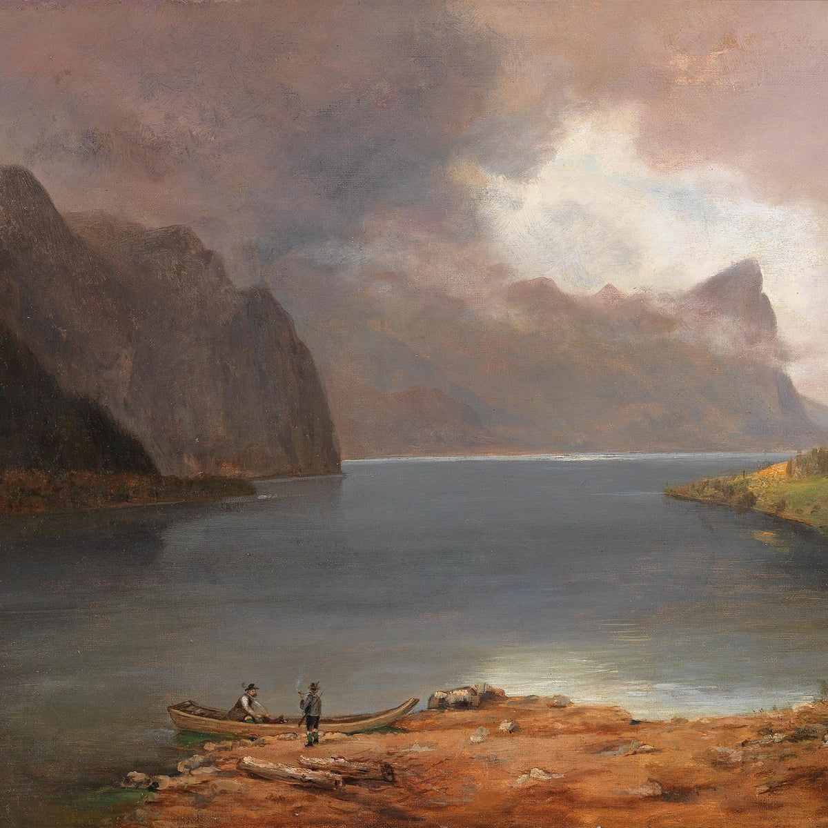 Landscape Oil Painting - mountain lake steep cliffs boat & figures - Oil Painting Haven