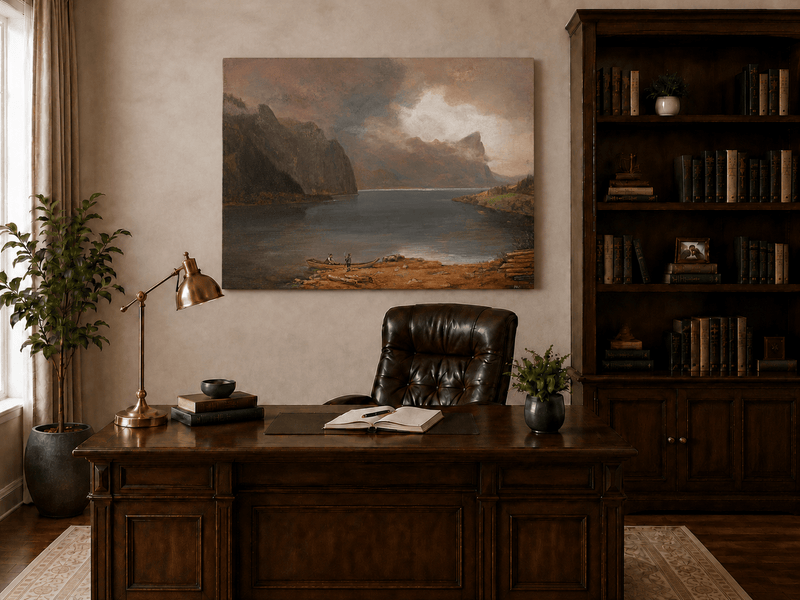 Landscape Oil Painting - Mountain Lake Steep Cliffs Boat