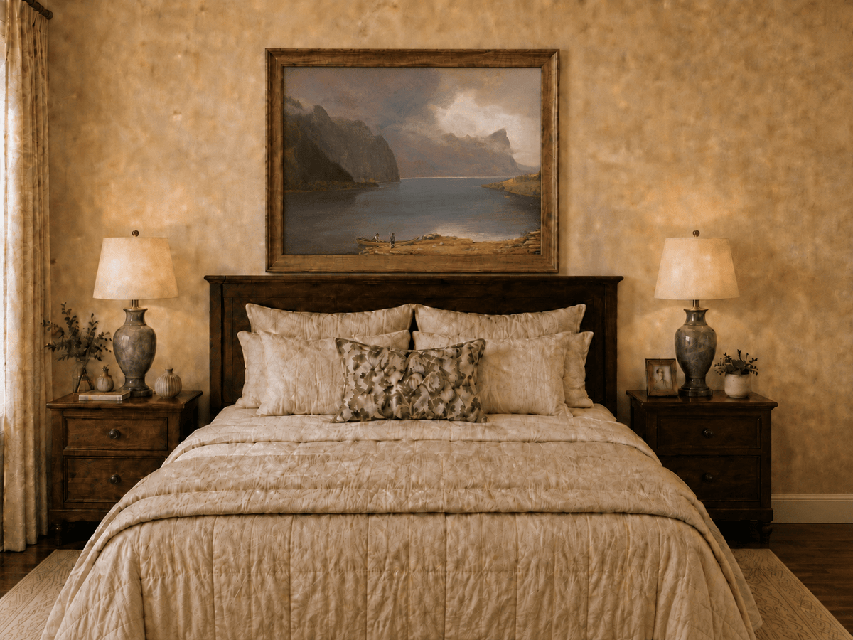 Landscape Oil Painting - Mountain Lake Steep Cliffs Boat