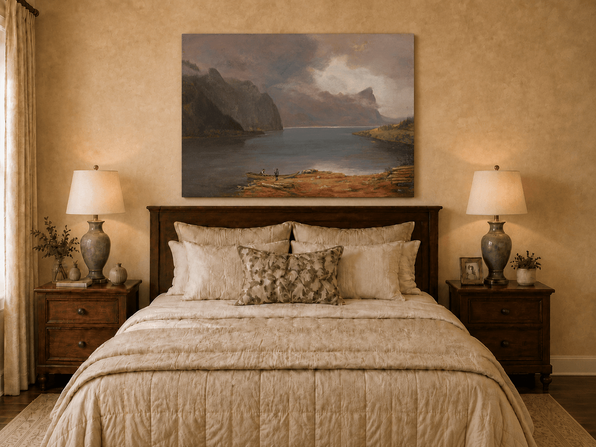 Landscape Oil Painting - Mountain Lake Steep Cliffs Boat