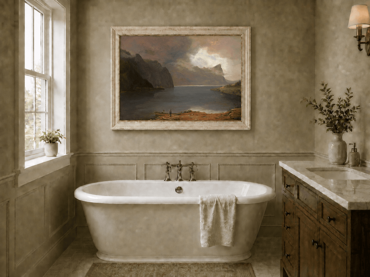 Landscape Oil Painting - Mountain Lake Steep Cliffs Boat