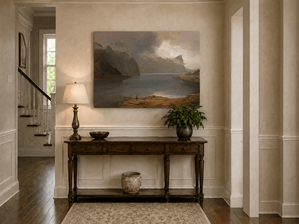 Landscape Oil Painting - Mountain Lake Steep Cliffs Boat