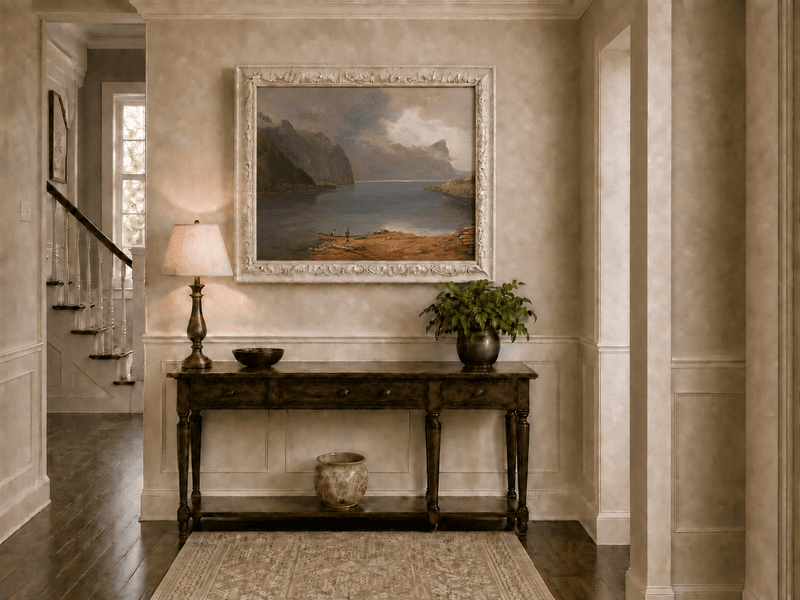Landscape Oil Painting - Mountain Lake Steep Cliffs Boat