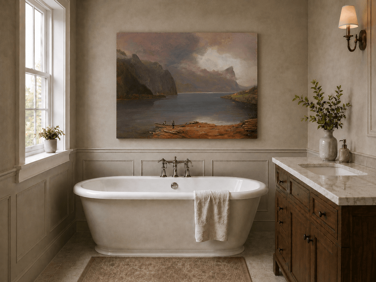 Landscape Oil Painting - Mountain Lake Steep Cliffs Boat