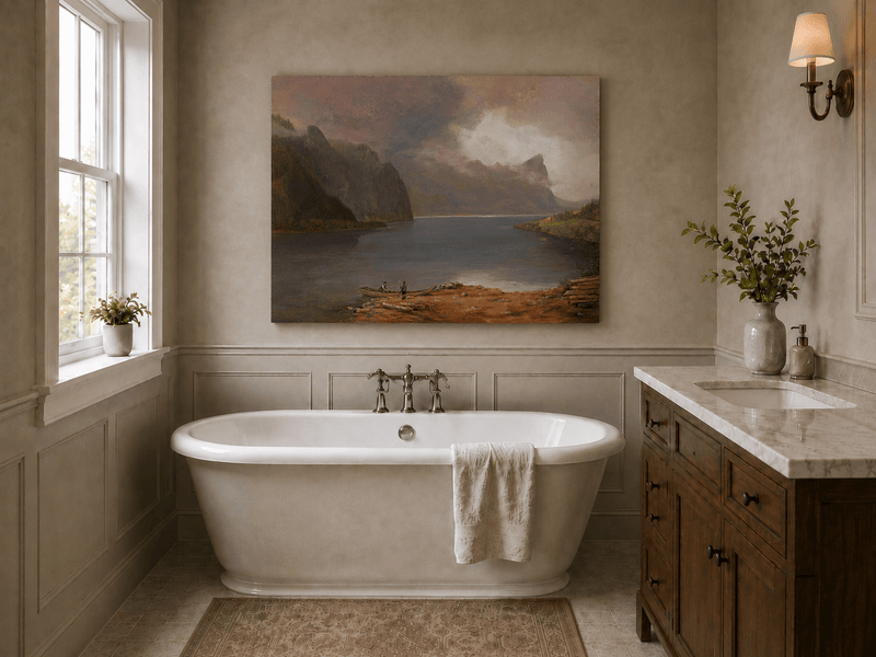 Landscape Oil Painting - Mountain Lake Steep Cliffs Boat